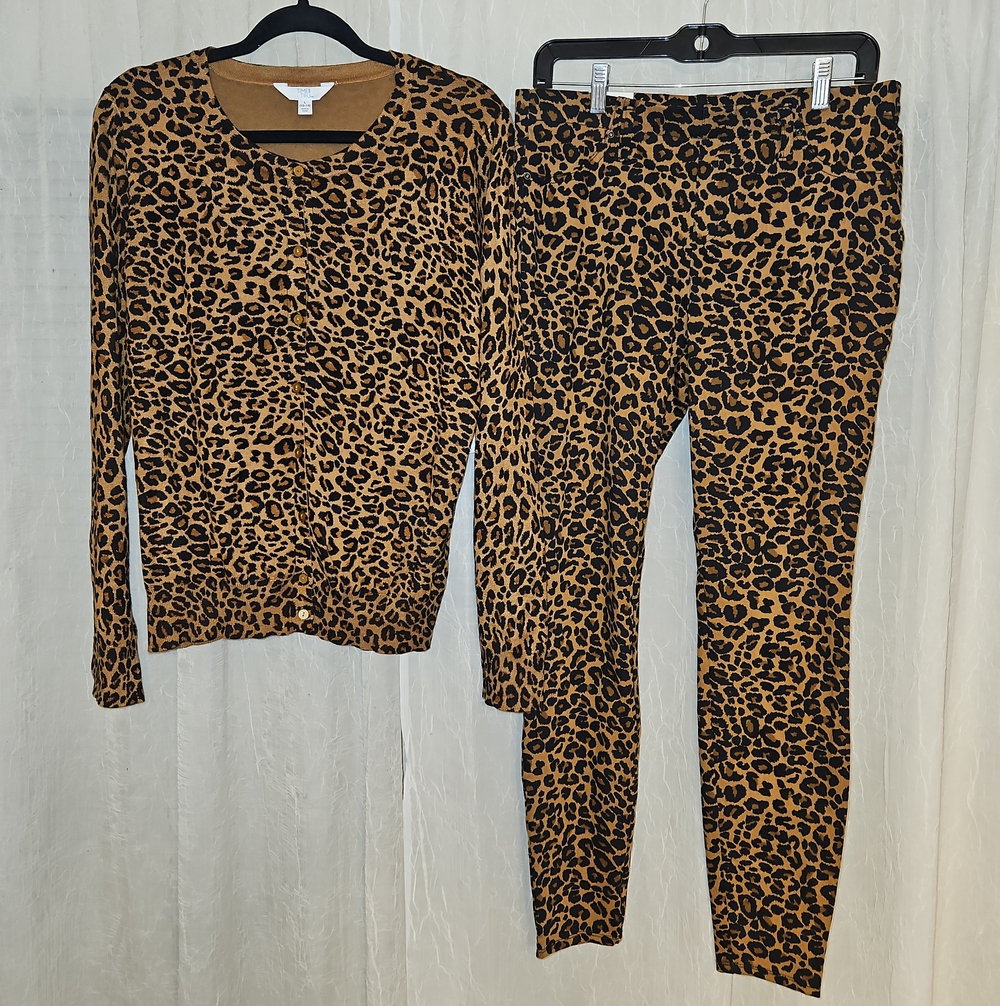 Time and Tru Leopard Print Pants & Button Front Long Sleeve Cardigan Set